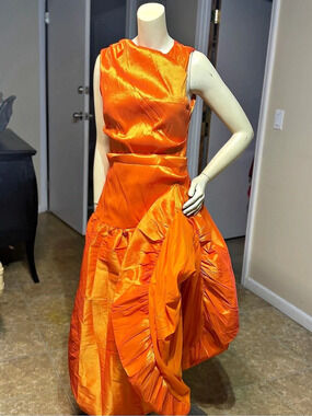 Ruched Satin-Look Midi Dress in Orange